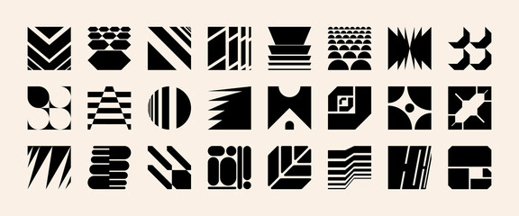 Modern geometric shapes and distorted brutal patterns evoke rave aesthetic. Bold black icons and gradient y2k figures offer a simple yet futuristic look for tech posters.