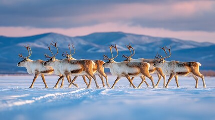 Fototapeta premium Caribou Crossing Snow Plains caribou herd crossing wide snowy plain winter migration cold wind distant mountains wide panoramic composition cinematic mood