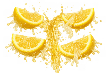 Lemon slices exploding with refreshing juice splash and droplets creating dynamic citrus beverage concept