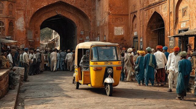 Jaipur street scene with auto rickshaw