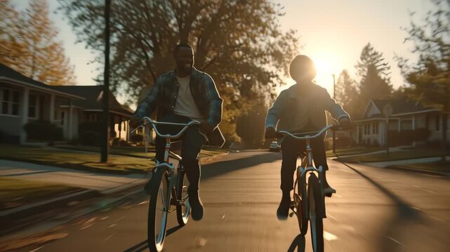 Two people riding bicycles down a suburban street towards the sun with warm tones and a cinematic feel.