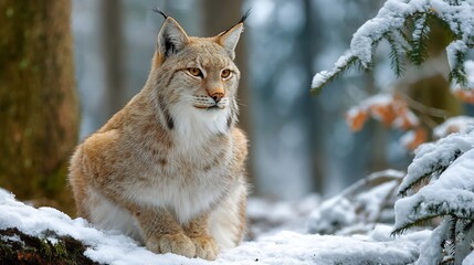 Fototapeta premium Lynx Snow Covered Forest lynx sitting in snowy forest winter predator sharp fur detail calm watchful pose soft foggy background natural light