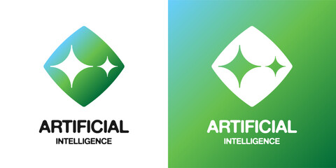 Modern AI logo features a magic sparkle icon and futuristic typography for digital chatbots. This smart technology symbol represents artificial intelligence and creative automated data generation. © Azat Valeev