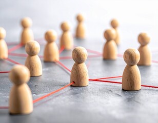 Obraz premium Business Network Connection Concept With Wooden People And Red Strings