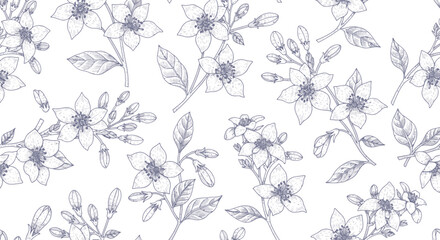 Seamless pattern of delicate hand-drawn floral and leaf illustrations in monochrome.