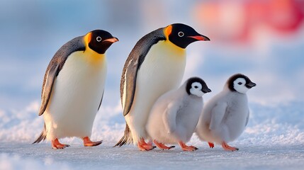 Fototapeta premium Penguin Family Snow penguin family walking on icy snow winter wildlife cold climate animals soft natural light