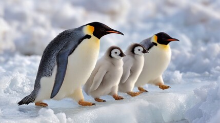 Fototapeta premium Penguin Family Snow penguin family walking on icy snow winter wildlife cold climate animals soft natural light