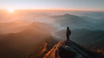 Fototapeta premium Hiker overlooking misty mountain landscape