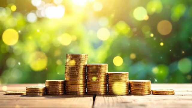 Stacks of golden coins arranged in ascending order, symbolizing financial growth and investment.