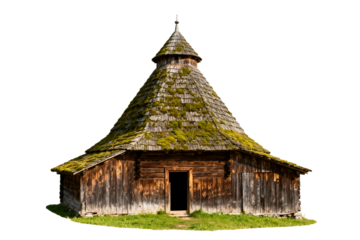 Traditional Wooden Barn with Mossy Roof and Bell Tower