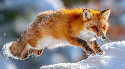 Obraz premium Red Fox Jumping into Snow red fox jumping into snow while hunting prey winter wildlife action frozen motion cold air sharp detail dynamic composition