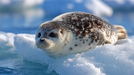 Seal Resting Frozen Ice seal resting near icy ocean edge winter marine wildlife smooth wet fur texture cold blue color palette calm arctic environment natural light