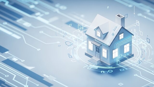 Smart home technology and digital real estate concept with an isometric house integrated into a futuristic circuit board environment.