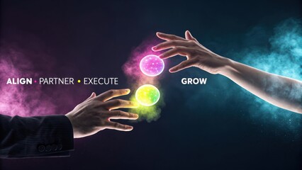 Hands Reaching Out with Colorful Orbs Representing Collaboration and Growth in a Dark Background