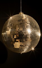 Golden disco ball reflects lights, capturing festive sparkle against dark background.