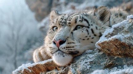 Fototapeta premium Snow Leopard Winter Rocks snow leopard resting on snow covered rocky cliff winter mountain wildlife cold fog sharp fur pattern cinematic lighting natural habitat