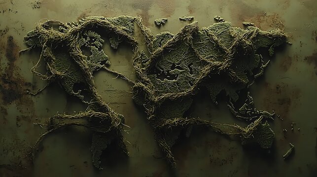 Conceptual world map made from dark green organic textured material.