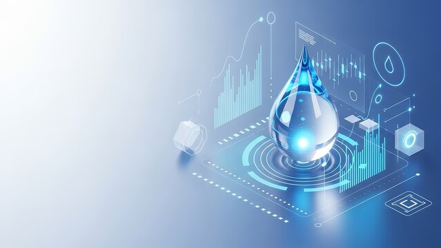 Water resource management and environmental technology concept with a glowing water drop surrounded by digital data charts.