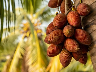 Vibrant red areca palm fruits hanging from tree in tropical setting
