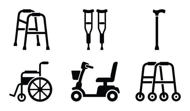 Disability aids rehabilitation mobility silhouette icon set of walking aids and assistive equipment