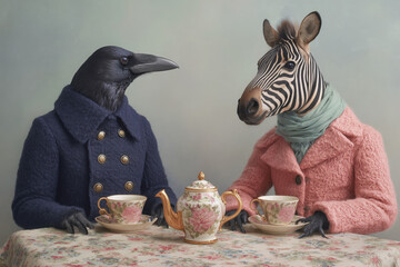 Fototapeta premium Crow and Zebra at Tea Table in Surreal Portrait
