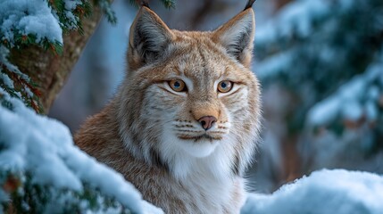 Naklejka premium Snowy Lynx Portrait lynx sitting snow covered forest winter predator sharp fur detail moody lighting wildlife photography style
