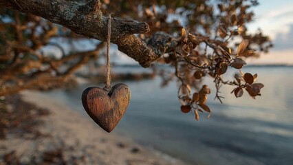 A Heartfelt Moment: A wooden heart ornament hangs delicately from a branch, the backdrop of a serene beach at sunset enhances the feeling of love, reflection and peace.