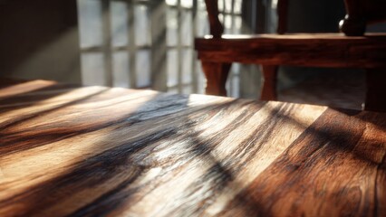 Wooden Table and Sunlight: An inviting wooden table is bathed in a warm embrace of sunlight, the interplay of light and shadow create a captivating visual narrative.