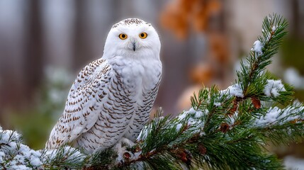 Naklejka premium Snowy Owl Winter Forest snowy owl perched on snow covered pine branch winter bird wildlife soft snowfall cold environment sharp feather detail calm atmosphere nature photography style