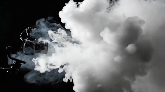 Professional camera with gimbal stabilizer surrounded by thick white smoke against a dark background.