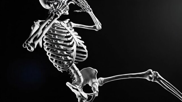 Artistic human skeleton posing against black backdrop with dramatic lighting