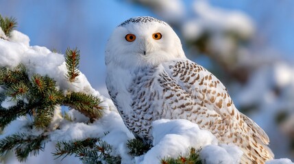 Snowy Owl Perched snowy owl perched snow covered tree winter bird portrait sharp feathers soft sky background