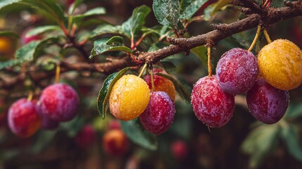 Obraz premium Vibrant Orchard Harvest with Fresh Fruits Glistening in Morning Dew