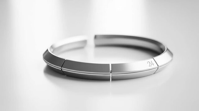 A close-up view of a silver metal bangle on a white surface with a blurred background.