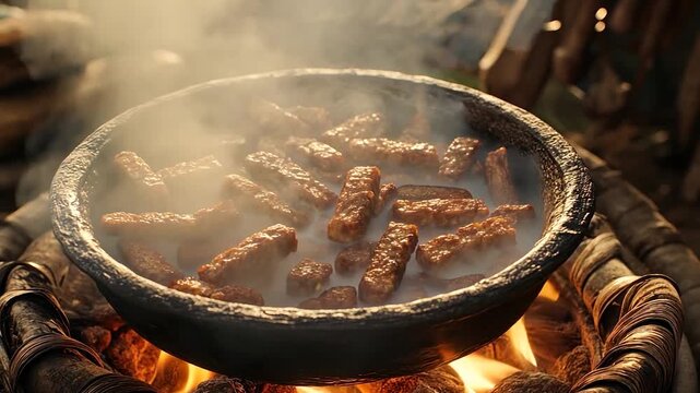 Food being cooked in a large, dark pot over an open fire