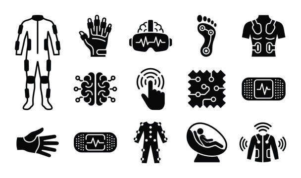 Simple set of virtual reality related vector line icons in black color on transparent background