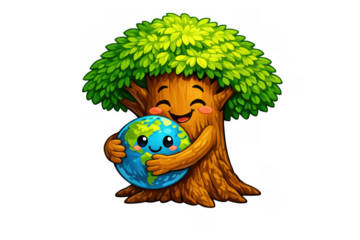 Cartoon tree hugging earth, illustrating environmental protection, ecology, sustainability, and loving nature concept