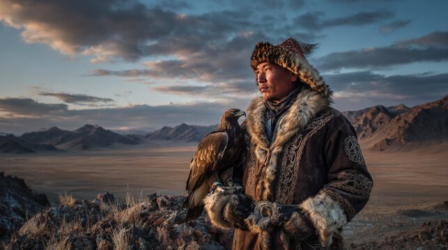 Eagle hunter with golden eagle in mountains
