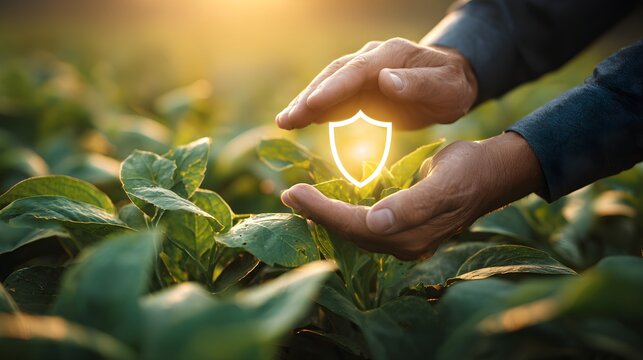 Farmer Hands Protecting Young Green Crops With Glowing Shield Symbol Concept