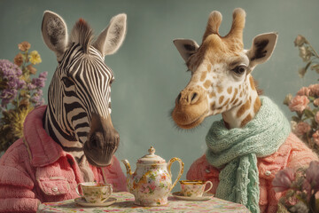 Fototapeta premium Zebra and Giraffe Tea Scene