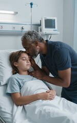 Obraz premium Father gently kisses daughter's forehead in hospital bed, offering comfort and love.