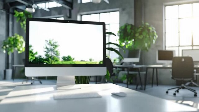 Modern office setup featuring a desktop computer displaying a serene nature scene.