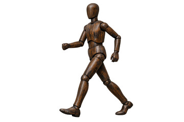 Wooden artist mannequin figure walking, conveying movement, progress, and anatomical study on transparent background