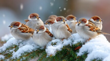 Naklejka premium Winter Sparrow flock of sparrows snowy bush winter bird wildlife soft snowflakes calm mood