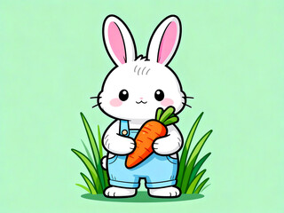 Cartoon Hand-painted White Rabbit with Carrot.