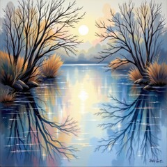 Sunset Reflection Over Tranquil River with Bare Trees