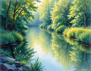 Tranquil River Scene with Lush Greenery and Reflection