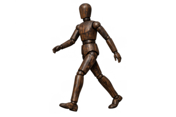Wooden artist mannequin in walking pose, illustrating motion and dynamic movement, isolated with a transparent background