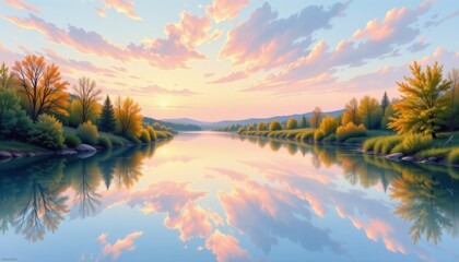 Serene Sunset Over Reflective River with Autumn Foliage