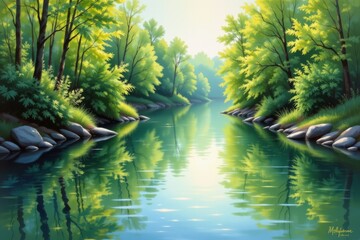 Serene River Scene with Lush Green Foliage